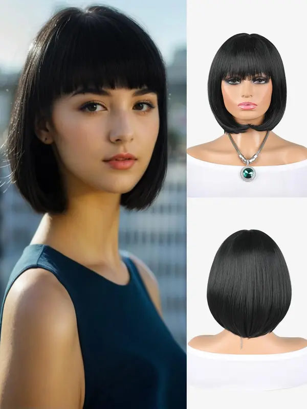 12 Inch Short Straight Bob Wig, Fashion Gorgeous Fluffy Wigs for Women, Synthetic Full Machine Wigs for Party, Daily Use 7