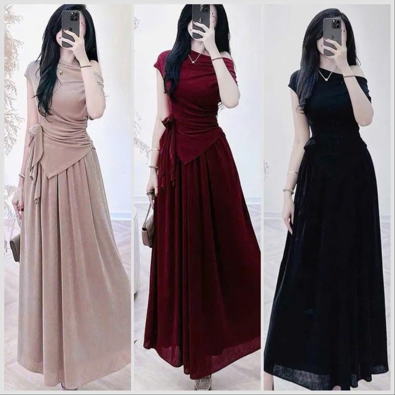 Set áo lệch vai vạt xéo đính hoa eo kèm chân váy xoè dài thanh lịch  - thun gân tăm SL754 set bộ , set nữ tôn dáng , set chân váy , set bộ nữ , set đi biển , set váy