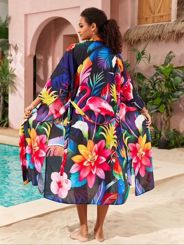 [Plus Size] Peacock & Floral Print Belted Wrap Kimono Cardigan, Casual Boho Three Quarter Length Sleeve Split Hem Kimono Cardigan, Women's Summer Swimwear for Beach Holiday Vacation 6