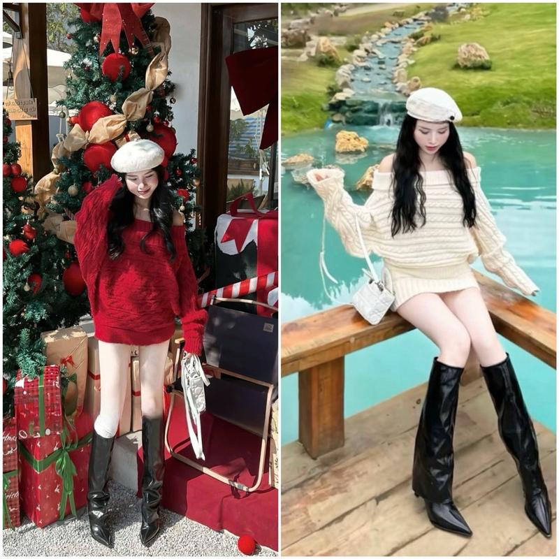  Áo váy len trễ vai ống tay rộng to chất len lông thỏ hàng qc chuẩn đẹp phù hợp diện mùa đông 