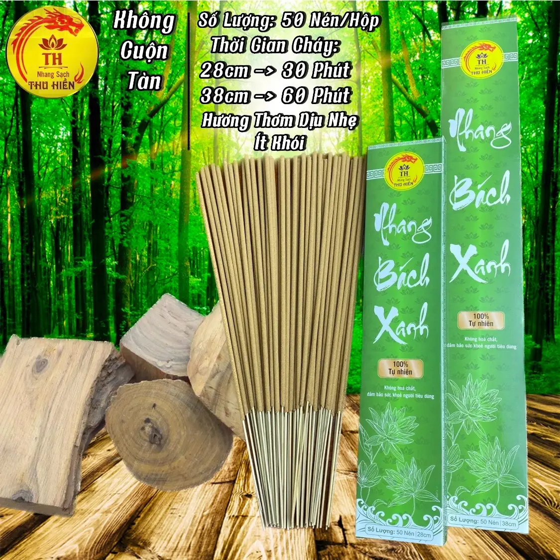 Nhang Bách Xanh Mộc Châu[Mua 5 Tặng 1], Hộp 50 Nén Nhang Bách Xanh Hương Thơm Dịu Nhẹ Không Cuốn Tàn| Hương Tâm Hiền