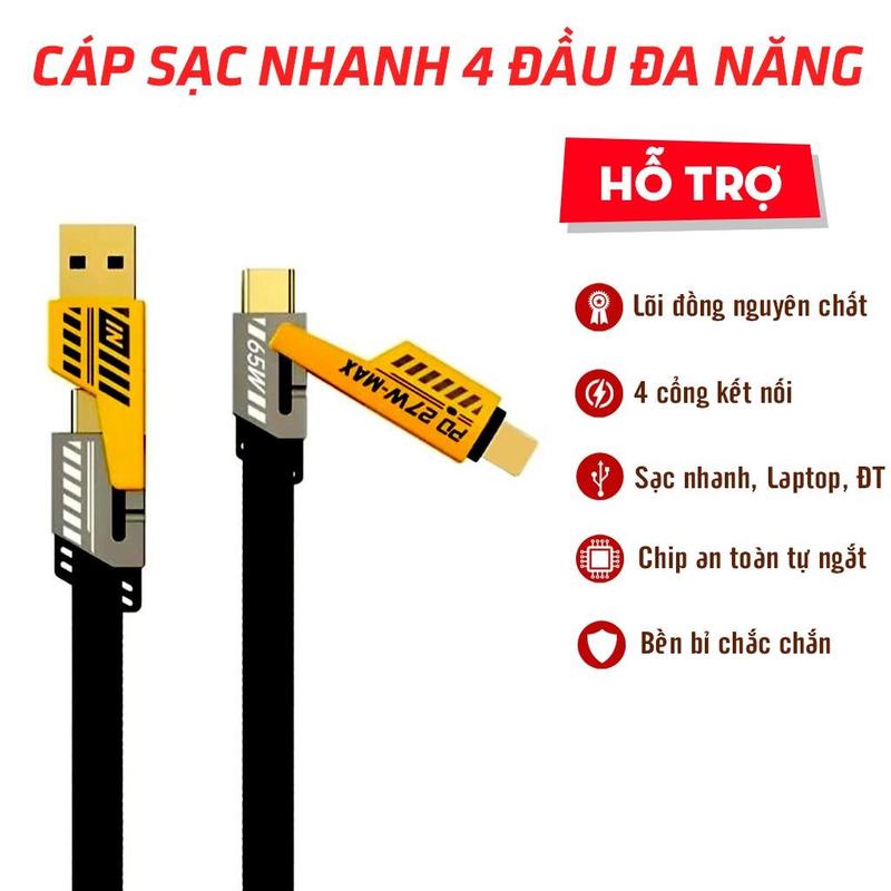 Dây sạc nhanh 4 Đầu Sạc nhanh 65W Cổng C-L, C-C, USB-C, USB-L Đa năng 4 trong 1