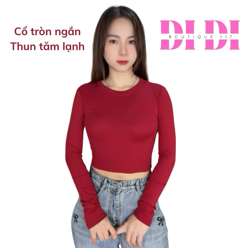 Áo thun tay dài cổ tròn croptop dáng ngắn thun tăm lạnh ủ kem , size 38-65kg, Didi boutique