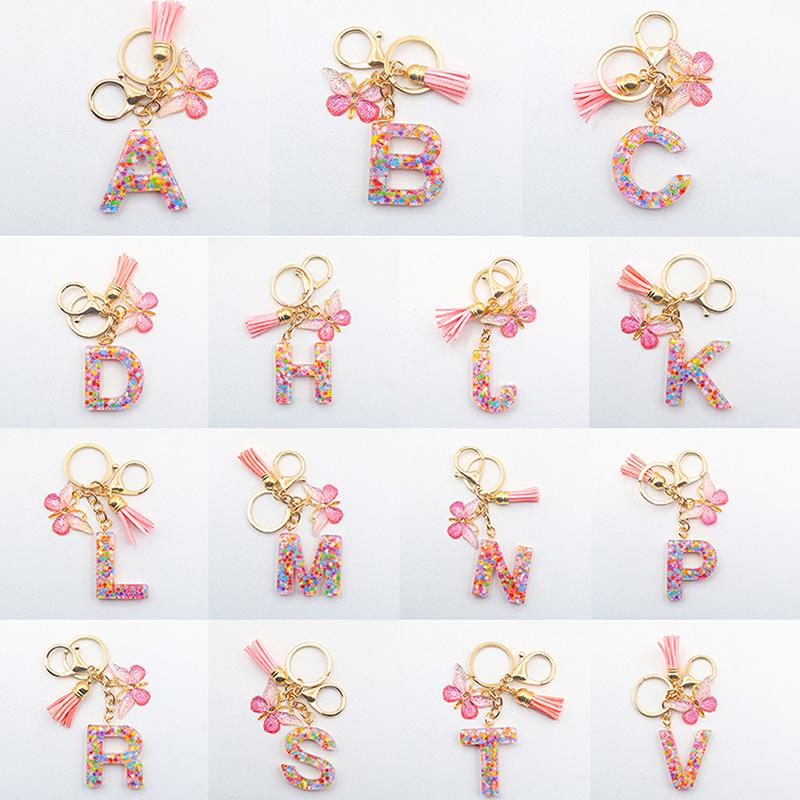 [QQQ}A-Z 26 Letter Pendant Keychain Tassel Butterfly Keyrings Women Bag ...
