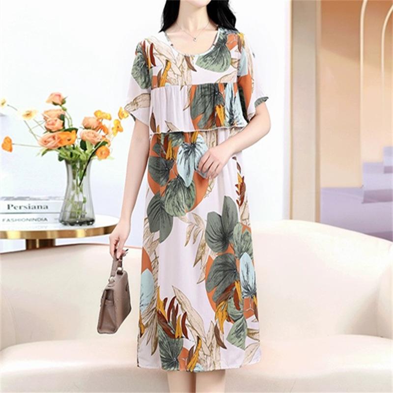 Product Introduction of Strictly Selected Printed Artificial Cotton Nightdress Women's Summer High-Grade Ice Silk Skirt Thin Short Sleeve Pajamas plus Size A- line Dress 5
