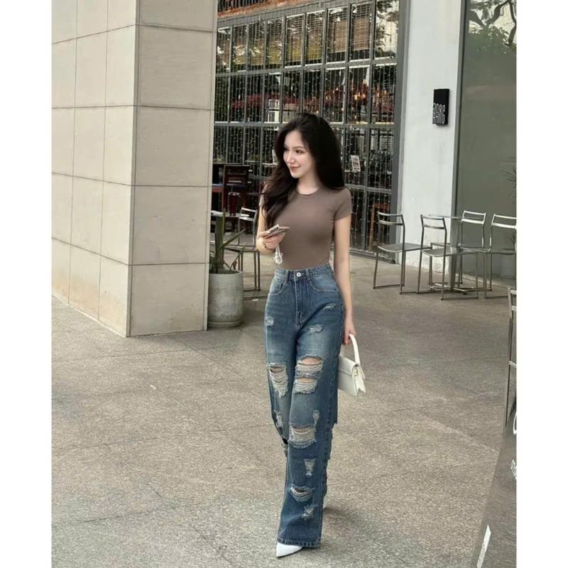Quần Baggy Jean nữ ống rộng màu xanh bụi rách tua tua trước sau ,Quần baggy jean nữ suông rách cá tính TH3929