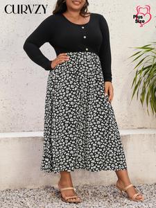 CURVZY Plus Size Fall Aesthetic Patchwork Ditsy Floral Print Fake Buttons A Line Dress, Casual Long Sleeve Round Neck Dress, Women's Clothes for Summer & Autumn