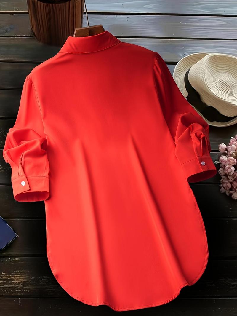 Product Introduction of Women's Plain Button Front Shirt, Casual Curved Hem Long Sleeve Collared Top for Spring & Fall, Ladies Clothes for Daily Wear 2