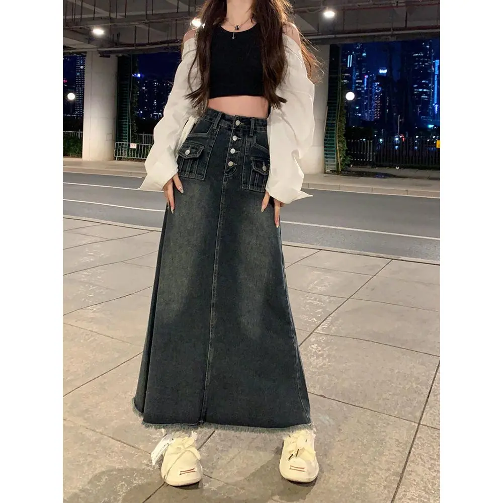 Women's High Waist A-Line Denim Skirt Step-in Design Spring Autumn Season Versatile Long Dress with Button Details