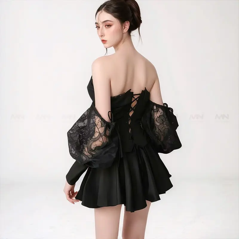 Set váy trễ vai ( 2 món) MINA thiết kế dáng xoè mini màu đen chất liệu Cotton phối Ren dự tiệc - MN297 Women Dress Nữ 6