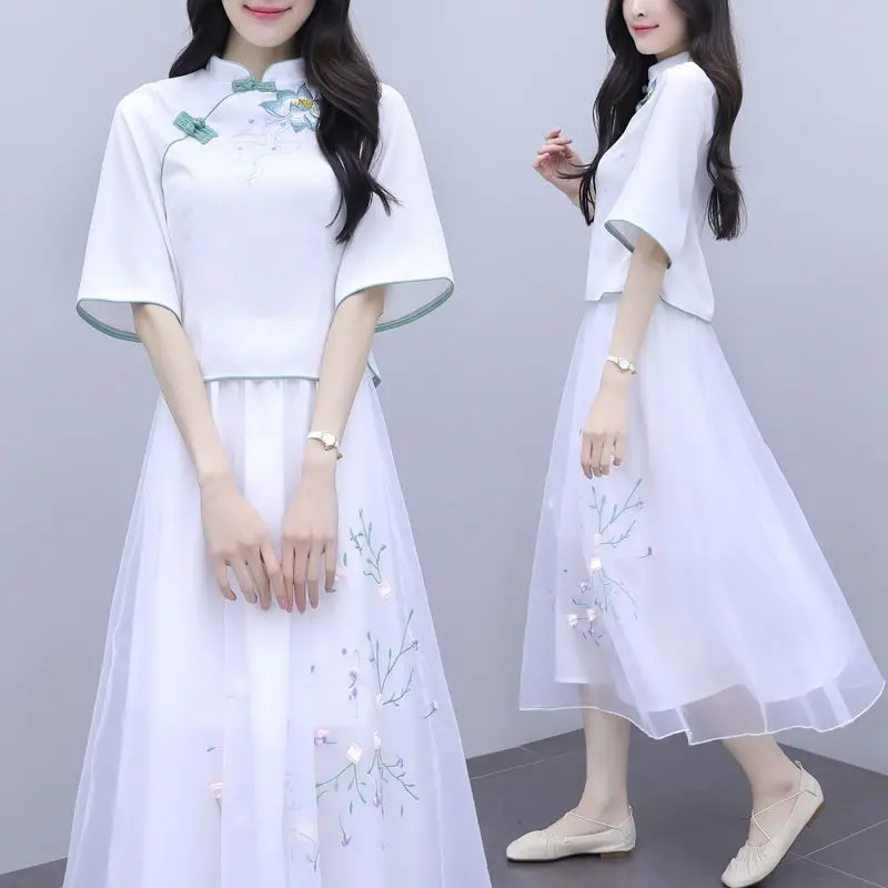 2024 New Dress Women's Han Chinese Clothing Retro Embroidery Cheongsam Improve Chinese Style Summer Slim Fit Slimming Two-Piece Suit Traditional Womenswear