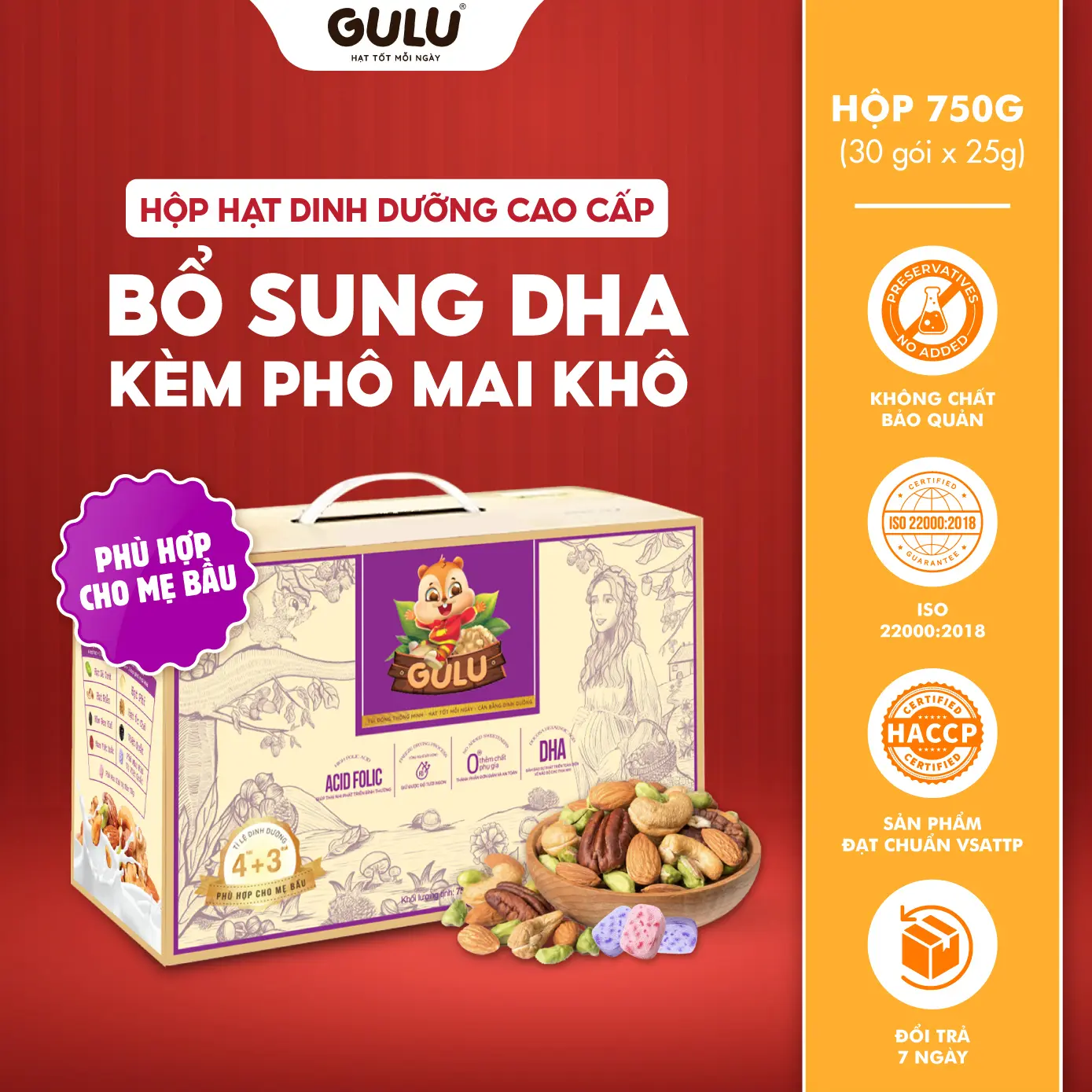Hộp 750g Hạt Dinh Dưỡng Cao Cấp Bổ Sung DHA Kèm Phô Mai Khô GULU FOODS Ăn Vặt Thức Ăn