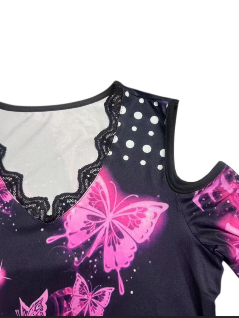 Product Introduction of Women's Butterfly Print Cold Shoulder Tee, Casual Long Sleeve T-shirt for Spring, Women's Top for Daily Wear 6