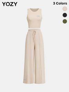 YOZY Letter Patched Crop Top & Drawstring Waist Pants Set/ Comfort Casual Tank Top & Wide Leg Trousers, Women's Daily Wear for Spring & Summer