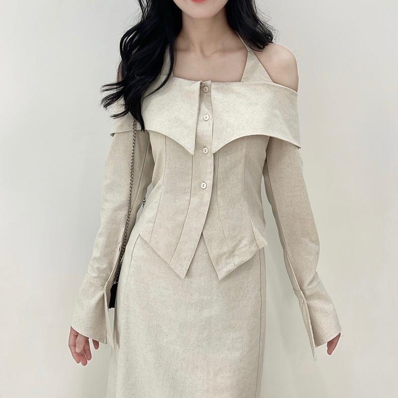 Áo Tay Dài Trễ Vai Cổ Yếm Chất Linen Co Giãn Nhẹ [Một Mẩu House]