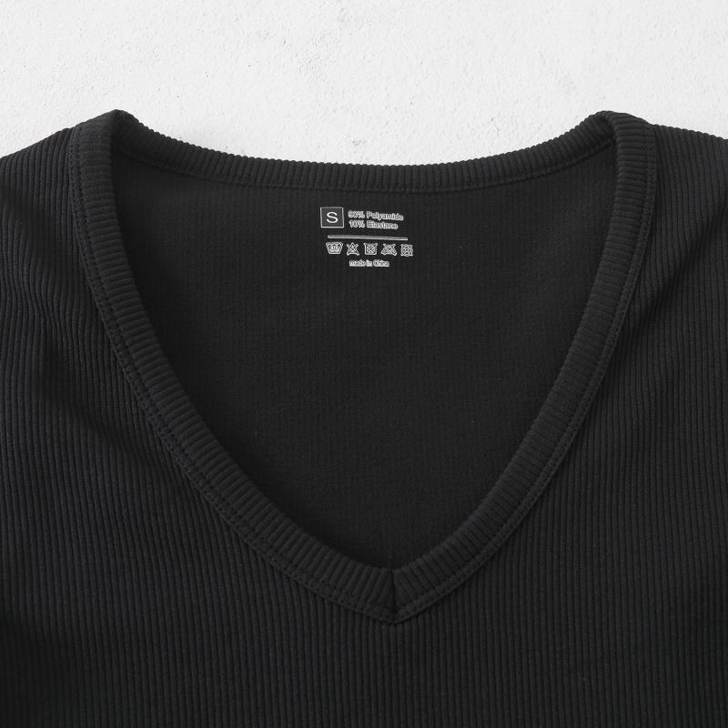 Product Introduction of European and American Yoga Wear Sexy Stretch Yoga Seamless Sports Top Short Sleeve V-Neck Slim Fit Solid Color Ribbed T-Shirt 21