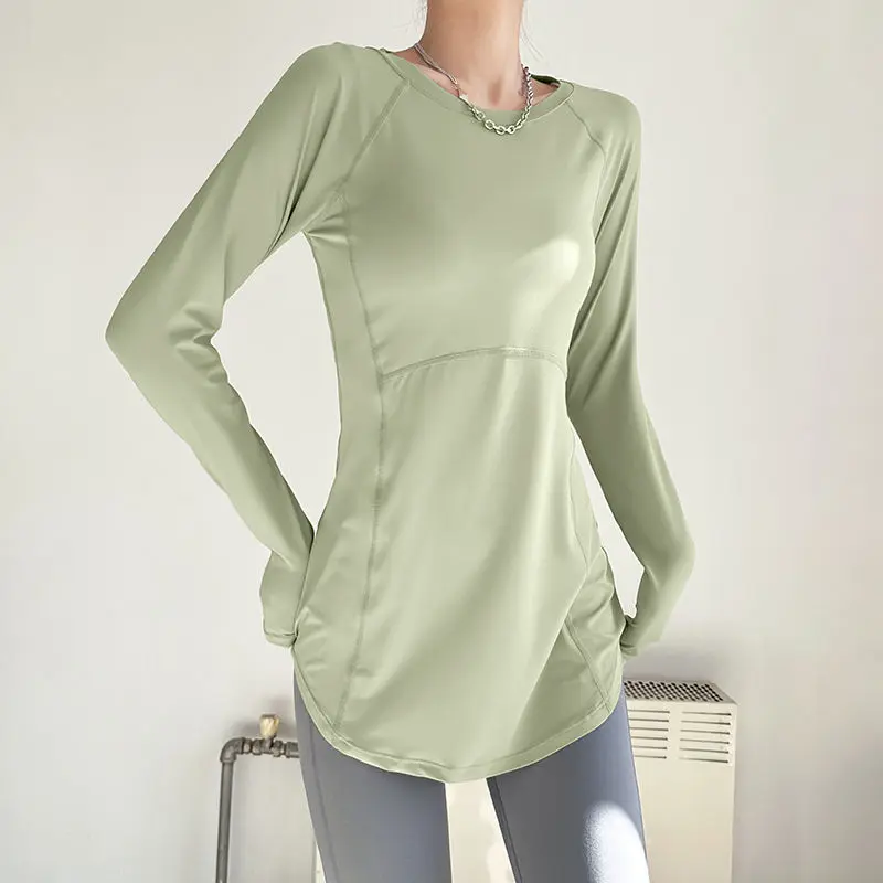 New Running Top Women's Mid-Length Slim Fit Thigh-Length Yoga Clothes Training Workout Clothes Casual Long Sleeve