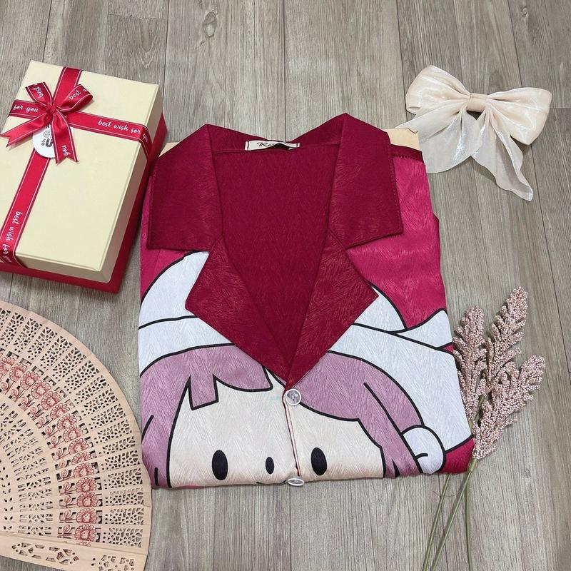 Product Introduction of Đồ Bộ Pijama Lửng Lụa Xước Hình Gấu Và Cô Gái Mau Mới 6 Màu Sắc Tay Ngắn Freesize 40-58Kg &Bigsize 60-75Kg Women 11