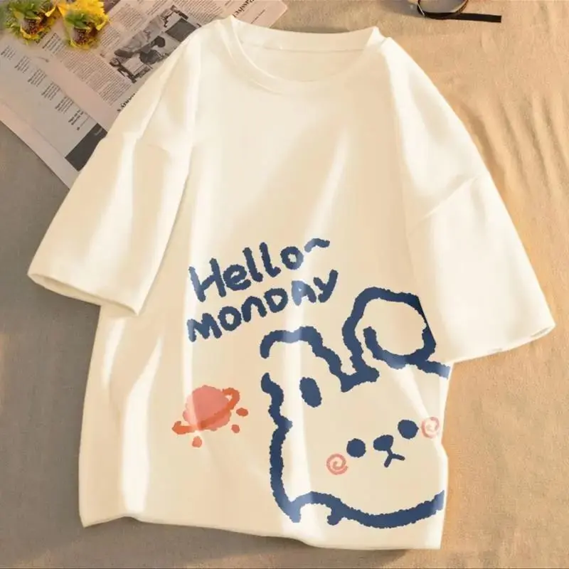 Áo Thun Dáng Rộng Ngoại Cỡ Hàng Mới Về, 100% Cotton, Thích Hợp Cho Học Sinh Nữ, ngắn Tay, Cỡ 32,50 Kg-100,00 Kg, Áo Mùa Xuân-Hè, Hợp Xu hướng, 2024