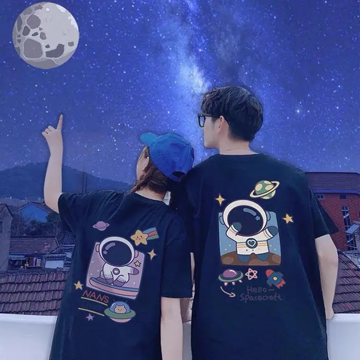 Astronaut theme couple short sleeve T shirt Summer women's short-sleeved T shirt