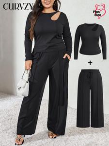 CURVZY Plus Size Two-Piece Set Solid Cut Out Tee & Drawstring Waist Wide Leg Pants, Casual Long Sleeve Round Neck Top & Pocket Trousers for Daily Wear, Women's Two-piece Outfits for Fall
