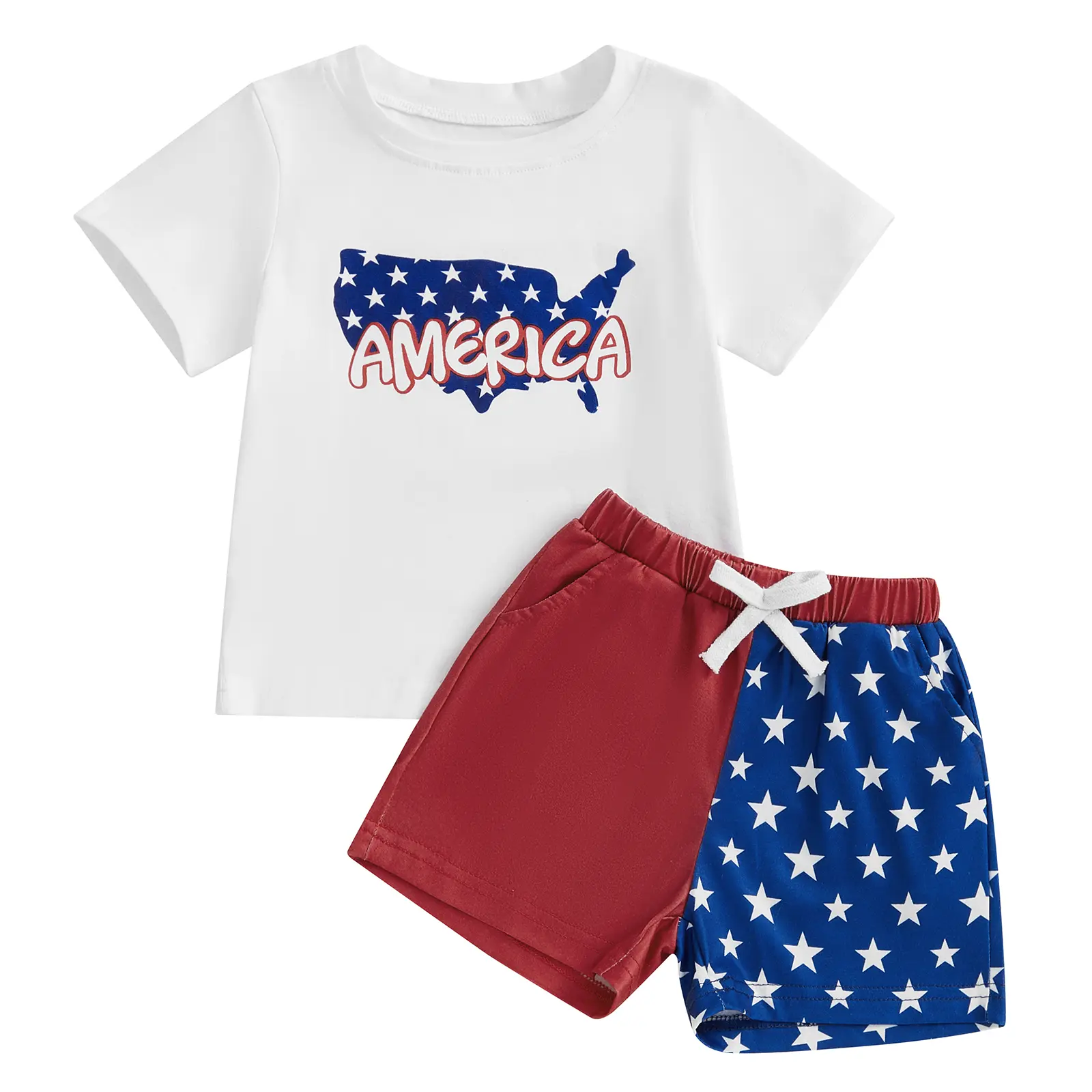 Little Boy 4th of July Outfit America Map Letter Print Crew Neck Short Sleeve T-Shirt and Contrast Color Shorts 2 Pcs Set