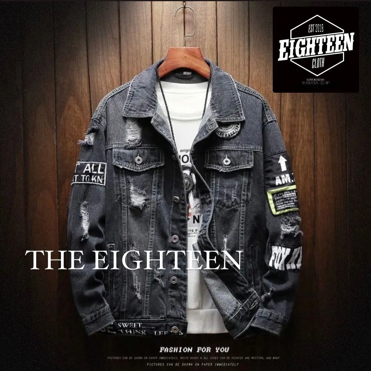 Jaket jeans pria dan wanita full di bordiran tempel emblem black garmen denim kantong  tebal  hitam  logo  casual  nyaman
