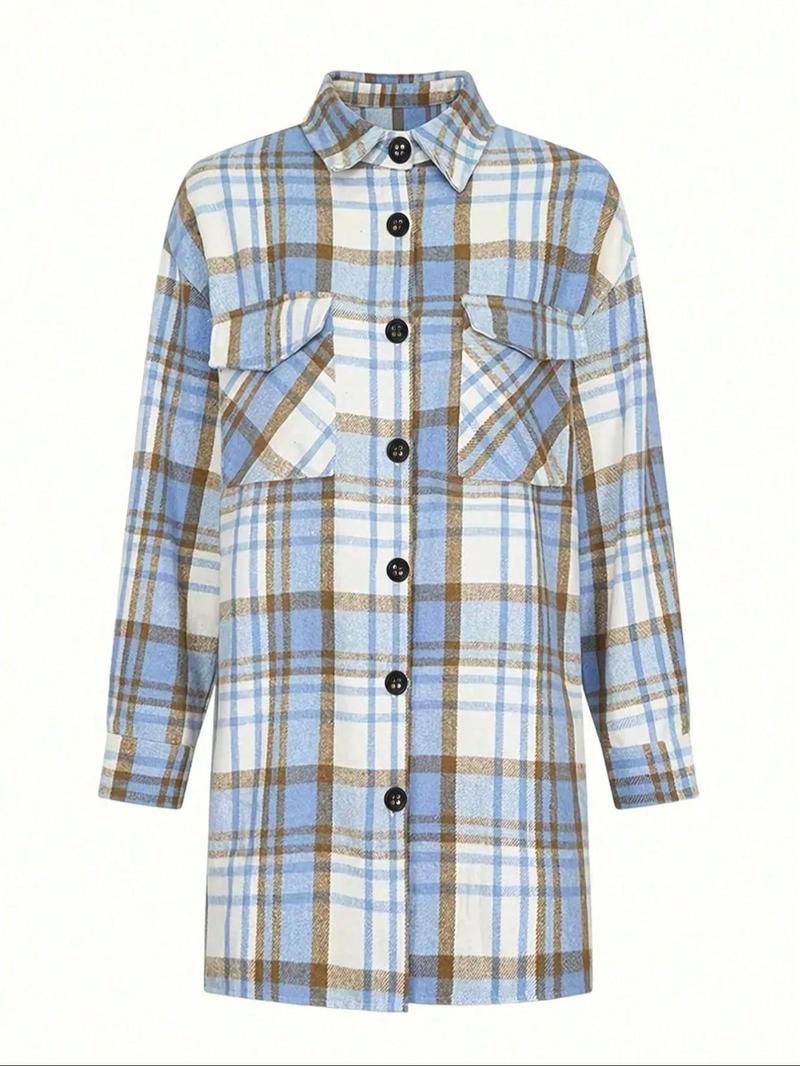 Product Introduction of Women's Plaid Print Shirt, Casual Flap Pocket Collared Long Sleeve Top for Daily Wear, Ladies Clothes for All Seasons 3