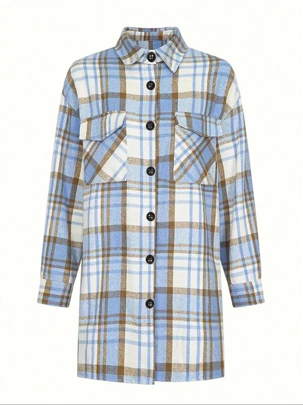 Women's Plaid Print Shirt, Casual Flap Pocket Collared Long Sleeve Top for Daily Wear, Ladies Clothes for All Seasons 2