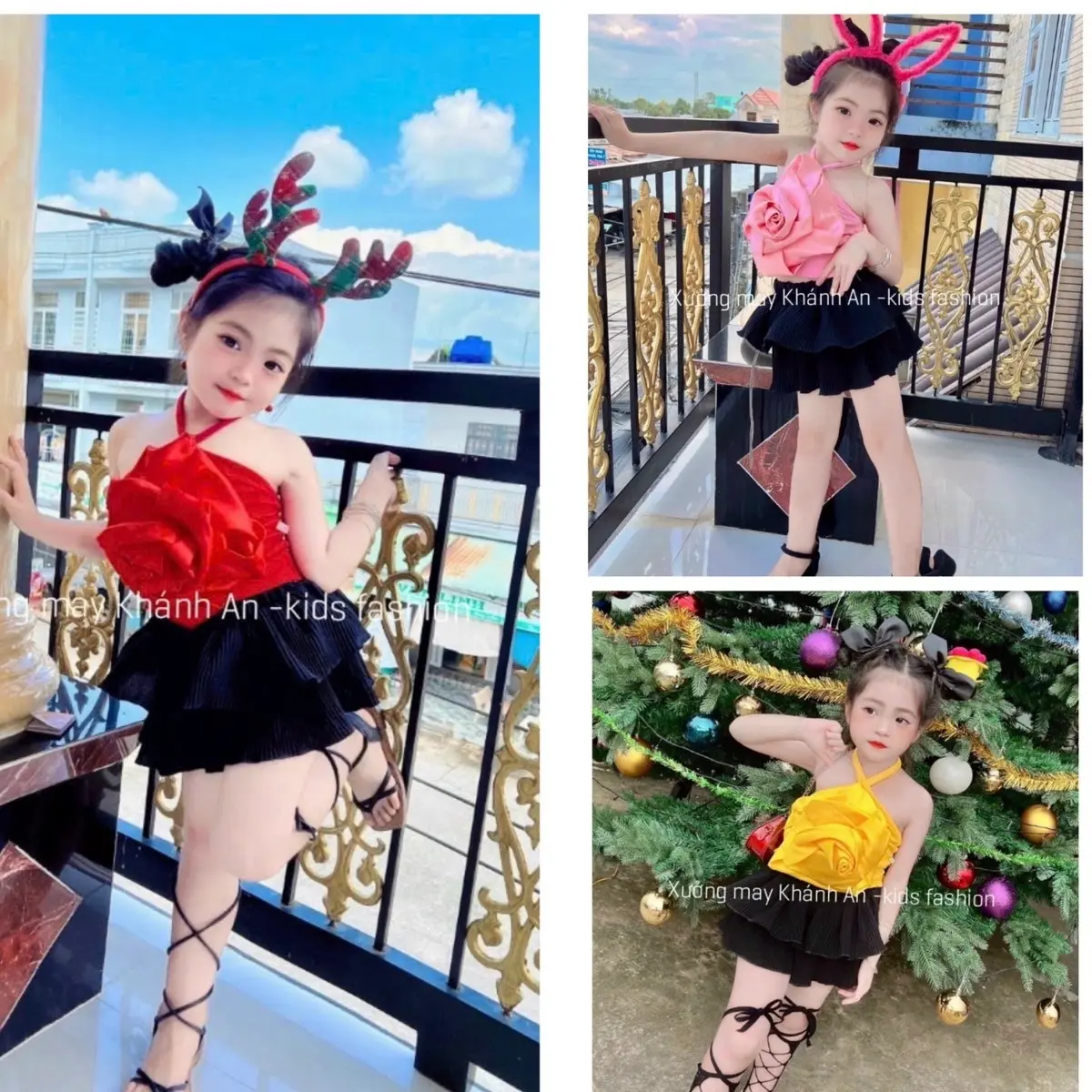 Bộ chan váy áo hoa Hồng cho bé gái