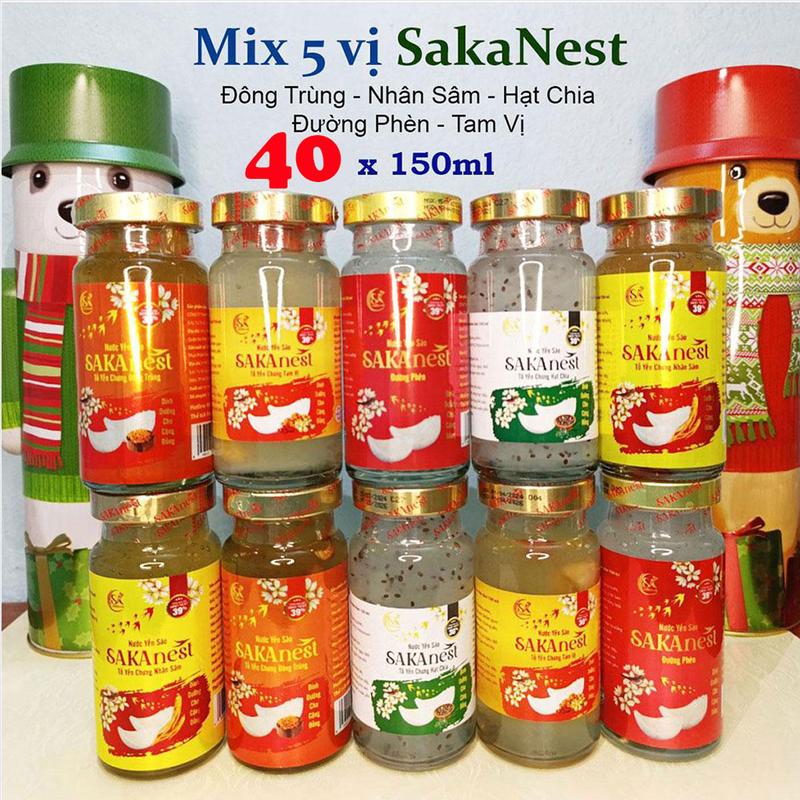 Mix 5 vị 40 lọ Tổ Yến Sakanest Chưng Đông Trùng Đường Phèn Nhân Sâm Tam Vị Hạt Chia 39% yến tươi 150ml không hộp