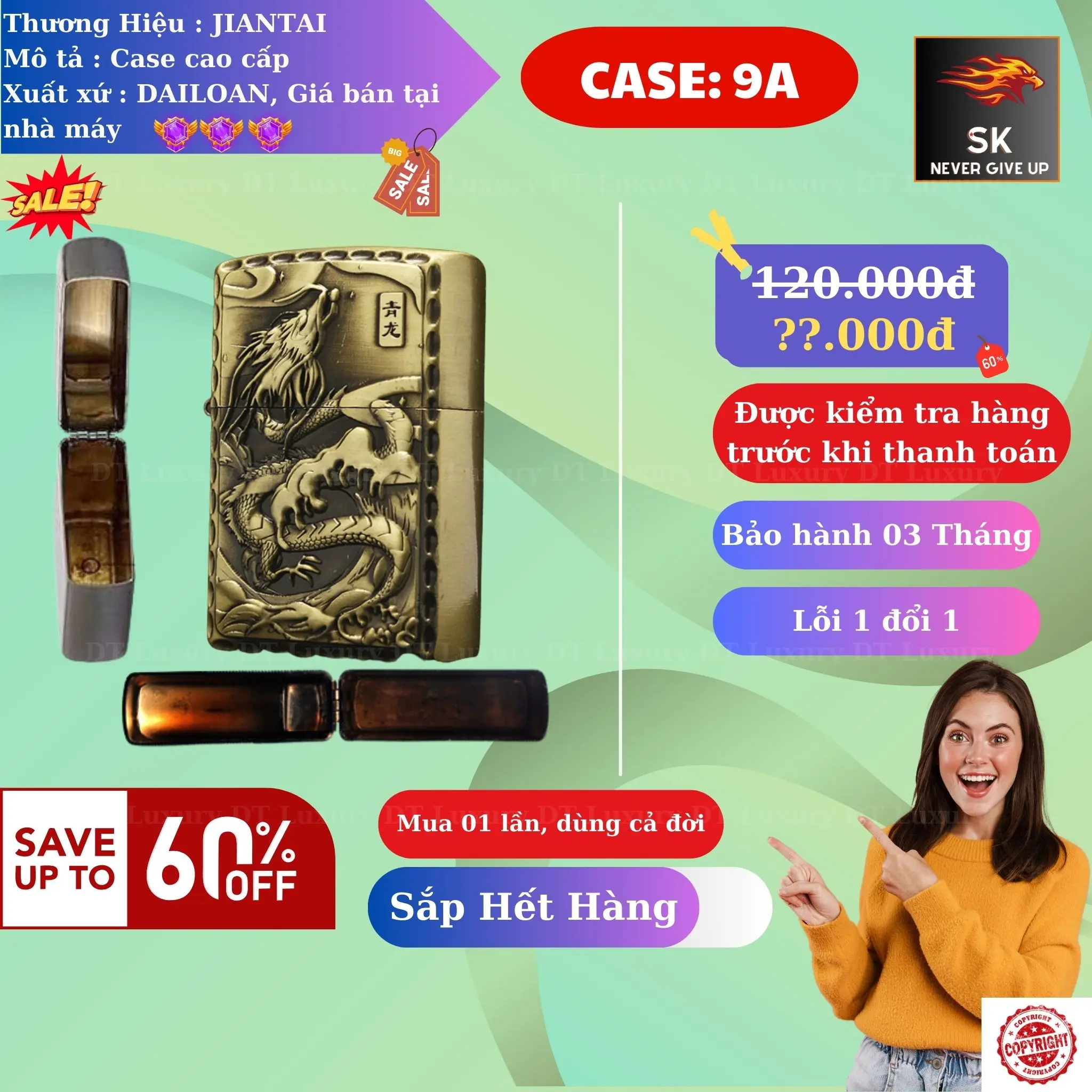 Case Quẹt lửa Bộ tứ linh (H-09A) Chất liệu đồng bạch (Không bao gồm nhiên liệu)
