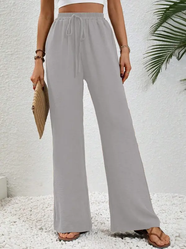 Women's Solid Color Pocket Wideleg Pants, Casual Loose Comfy Drawstring Waist Trousers for Summer, Women's Bottoms for Daily Wear, Womenswear, Wide Legged Pants, Casual Chic Bottoms, Casual Fashion Trousers 2