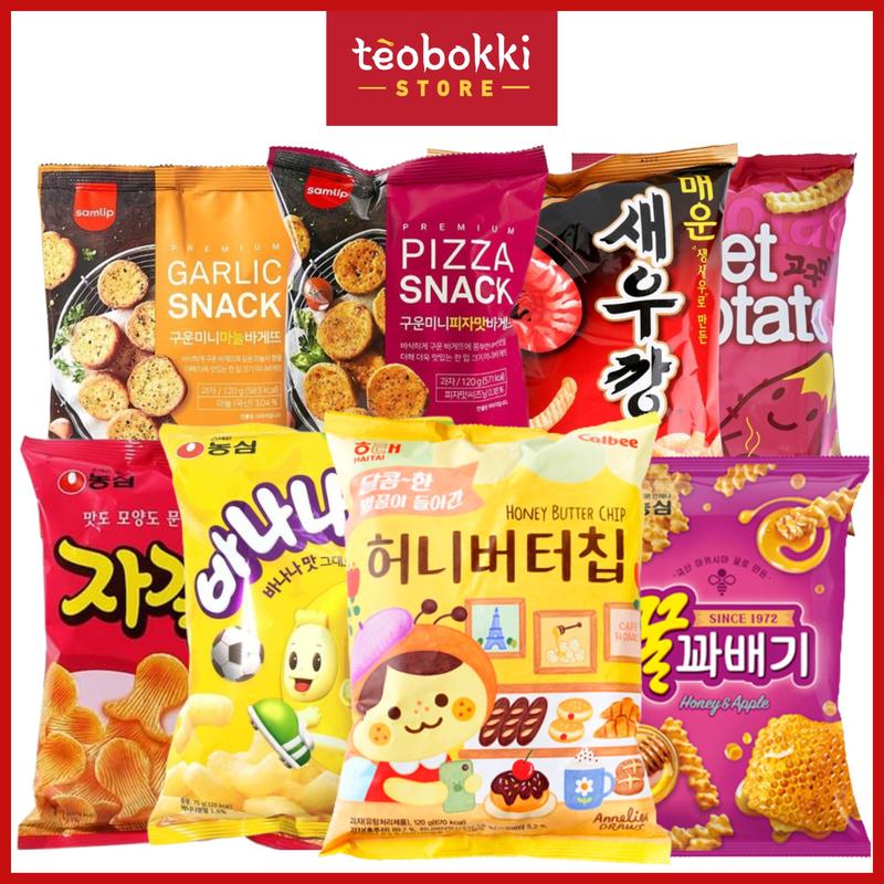 Bánh snack Hàn Quốc (snack khoai tây bơ mật ong, snack tôm cay, snack chuối, snack bánh mì,...)