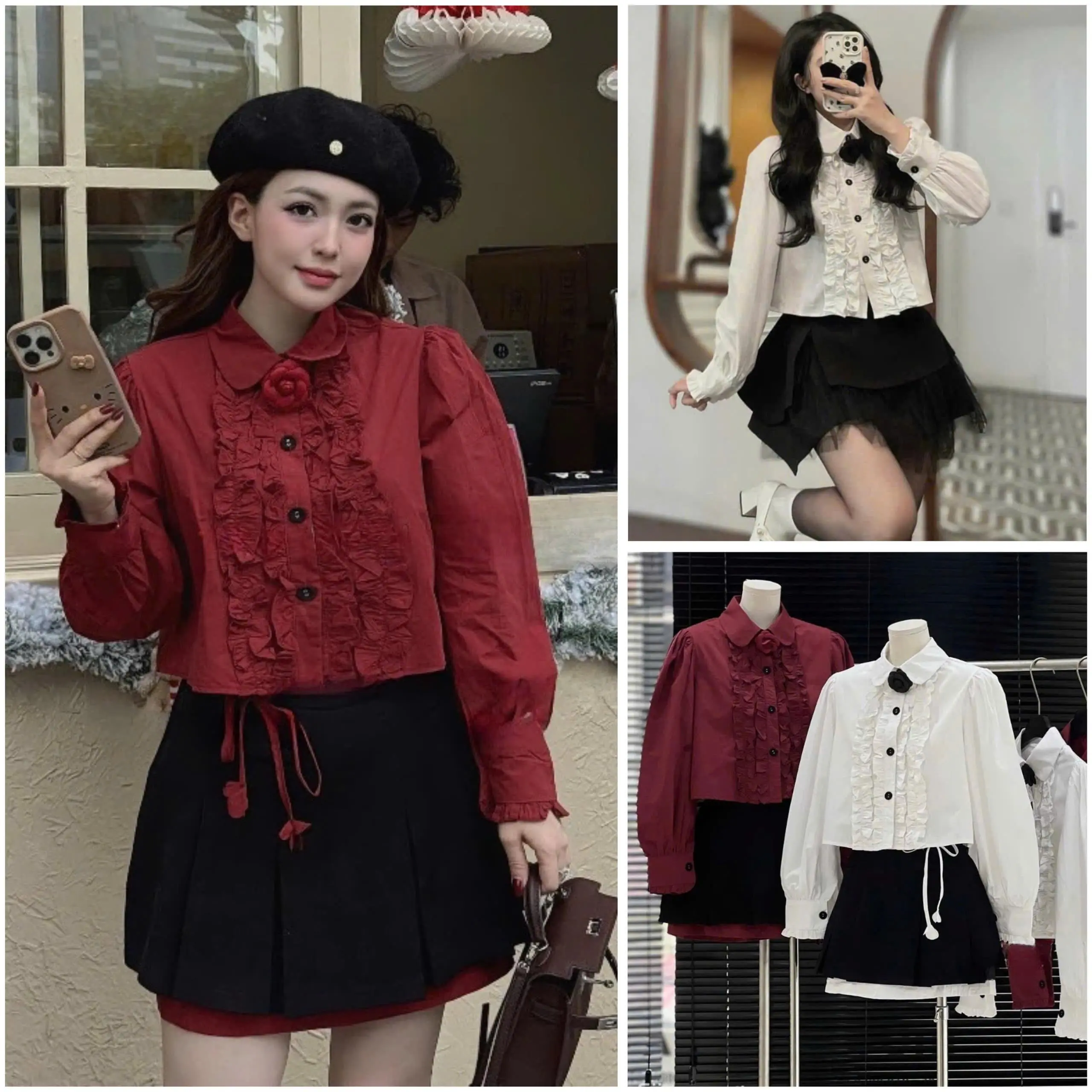 Áo Sơ Mi Bánh Bèo  Dáng Croptop Ống Tay Dài  [ Tặng kèm Bông Rời]