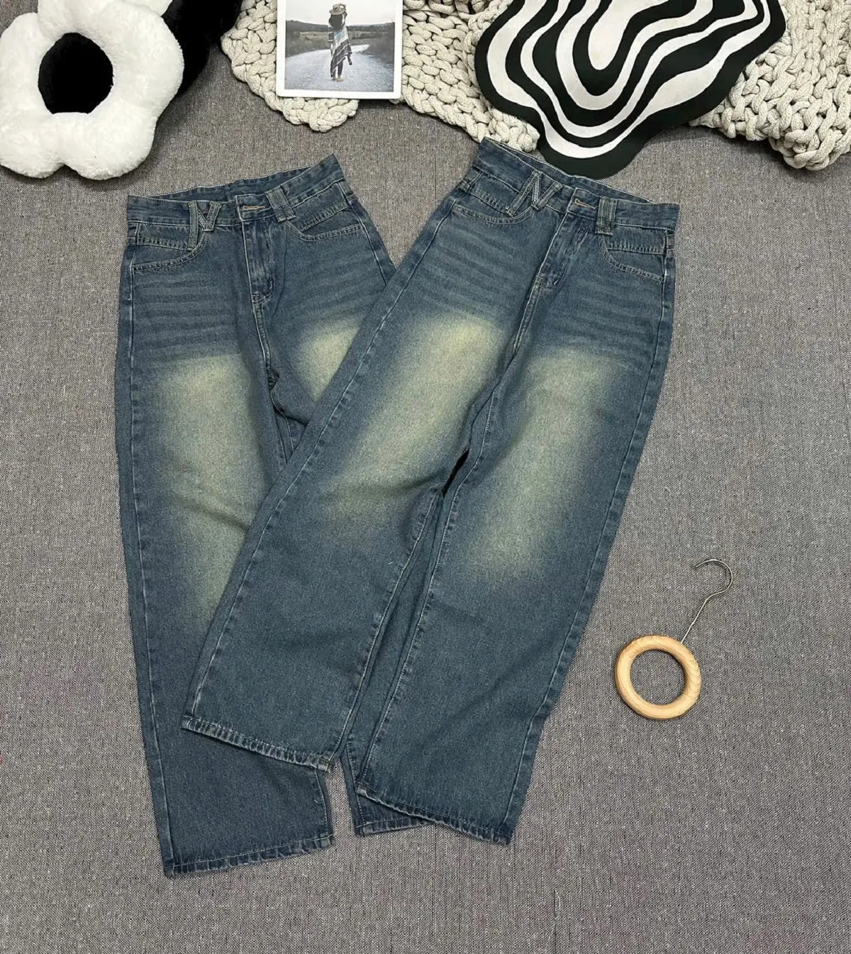 (S->3XL)Quần Jean nữ Suông Nữ Lưng Cao Trơn đơn giản,đai N