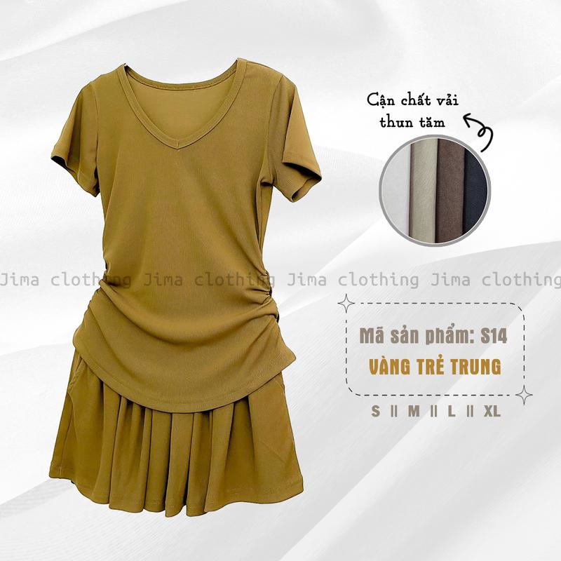 [Set Cổ Tim 01] Set bộ đồ nữ Áo Nhún eo Cổ Tim kèm Quần váy trẻ chất liệu Thun Tăm hàn - Jima 114 Women Kem 2
