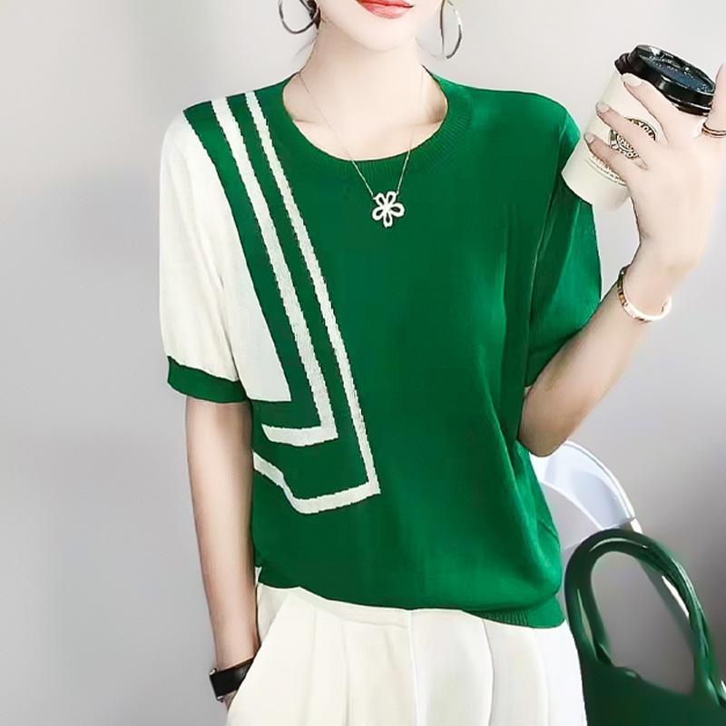 Product Introduction of Áo Thun ngắn Tay Chất Liệu Lụa Lạnh Hàng Mới Về Mùa Hè, Dành Cho Nữ, Mỏng Và Không Đều, Có Màu Tương Phản Và Sọc, Cổ Tròn, Dáng Ôm, Áo Len Xếp Ly Top Women 1