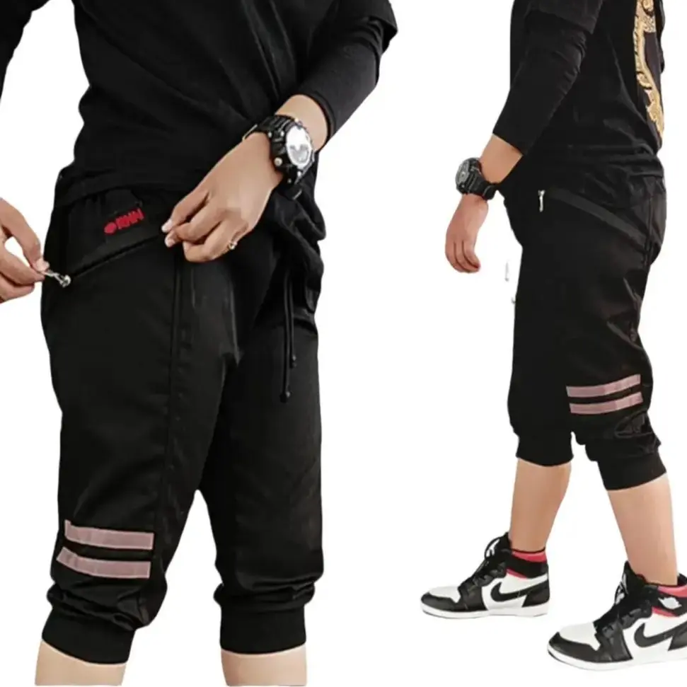 Celana Jogger pendek selutut 3/4 kain katun hitam Pria Wanita Sport saku resleting varian warna Abu
