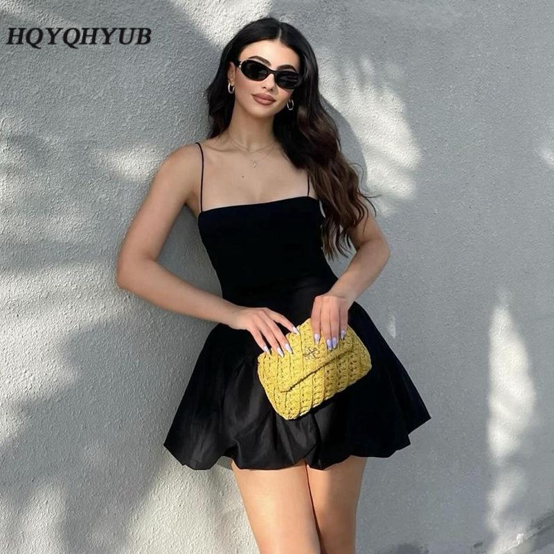 Product Introduction of Women Spaghetti Strap Sleeveless Dress Casual Summer Solid Color Bubble Hem A-Line Mini Party Dress for Streetwear 38