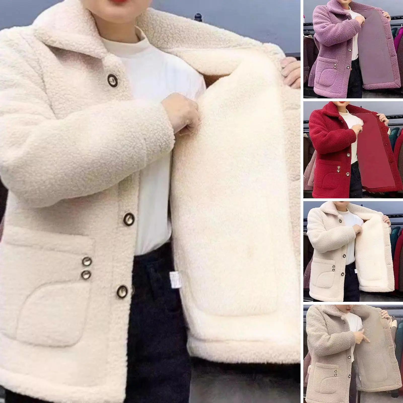 Kinfapne-Áo Khoác Màu Trơn Cho Nữ, Áo Khoác Dài Tay Có Ve Áo, Áo Cardigan Len Cừu Giả Dày, Áo Khoác Ngoài Một Hàng Khuy, Thời Trang Dạo Phố, Thu Đông
