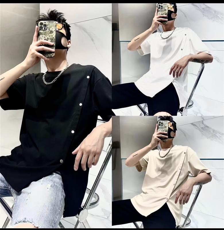 Áo phông cộc tay đính khuy vạt chéo cổ tròn chất vải waffle Menswear Cotton thoáng mát aothun basic áo philipp plein