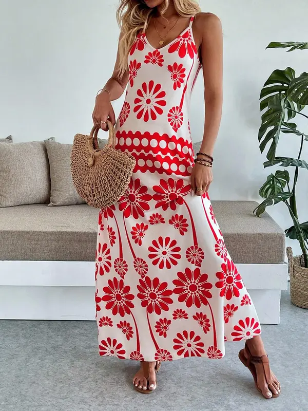 Women's Floral Print Dress, Casual Boho Sleeveless Dress for Beach Holiday Vacation, Ladies Summer Clothes 5