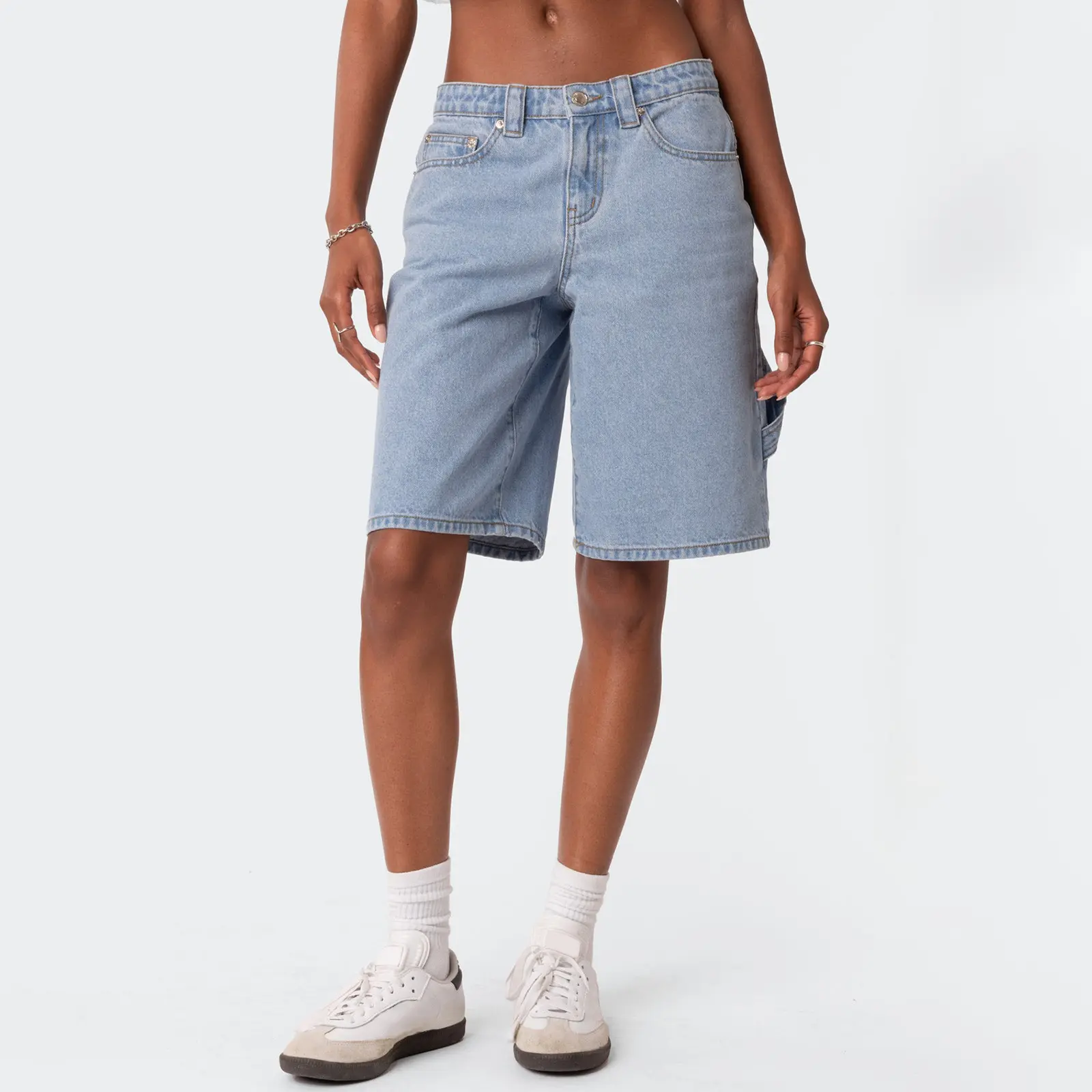 Y2k Denim Loose Bermuda Shorts for Women Low Rise Wide Leg Knee Length Oversized Fit Summer Cargo Jeans Shorts