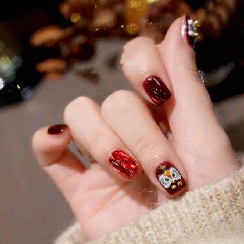 [Mã A-166] Bộ 30 nails tay mắt mèo hoạ tiết lân may mắn nail TẾT 2025