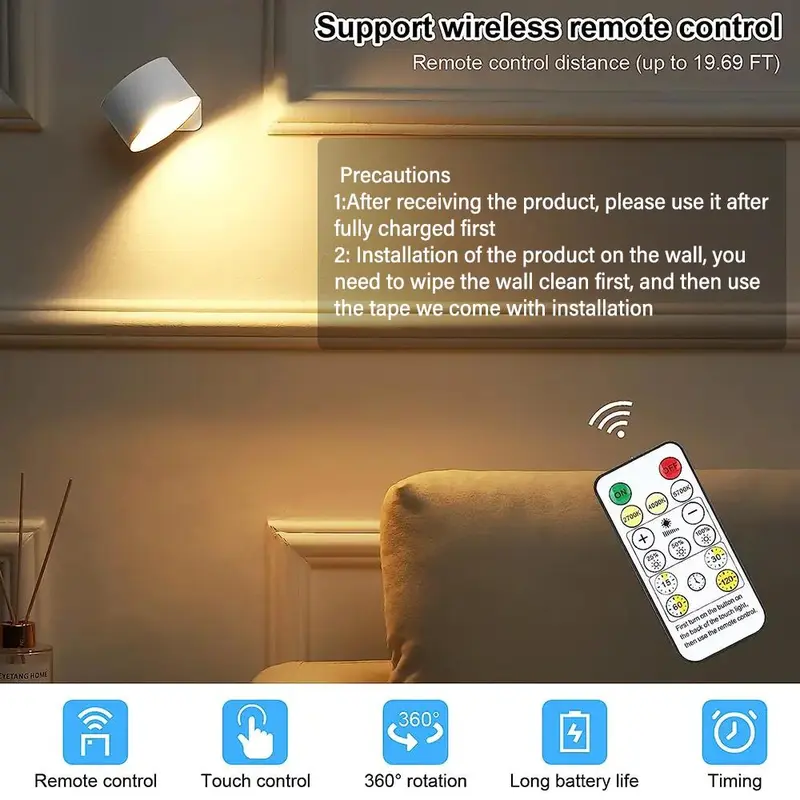LED Wall Mounted Night Light, Rechargeable Adjustable Wall Light with Remote Control for Bedroom, Display Wall, Cabinet, Hallway, Touch Control Dimmable Lamp 6