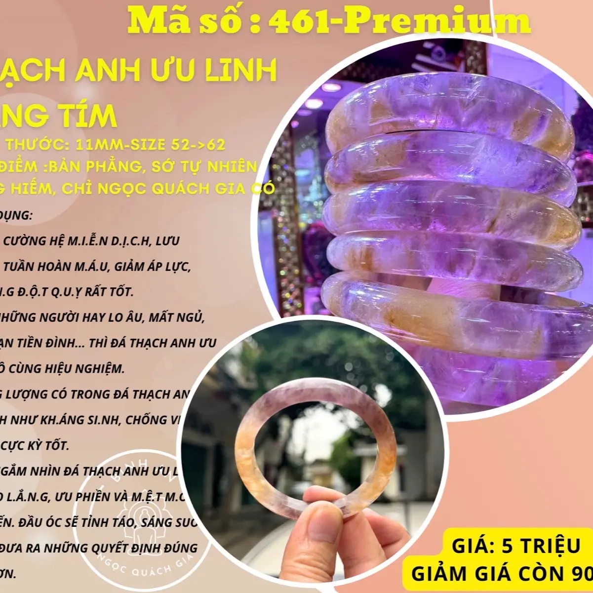 Thạch anh ưu linh tím vàng tự nhiên trang sức đẹp