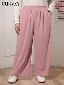 CURVZY Plus Size Solid Corduroy Pants, Casual Comfy Trousers for Daily Wear, Women's Bottoms for All Seasons