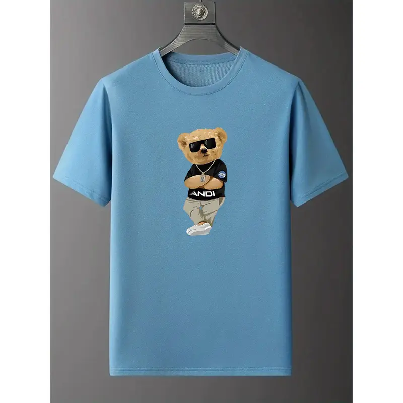 Kaos Penunjuk Arah Creative Cartoon Bear Graphic Print Crew Neck Short Sleeve T-shirt For Men, Breathable Comfy Summer Tops For Daily Wear Work Out And Vacation Resorts kaos  penunjuk 0