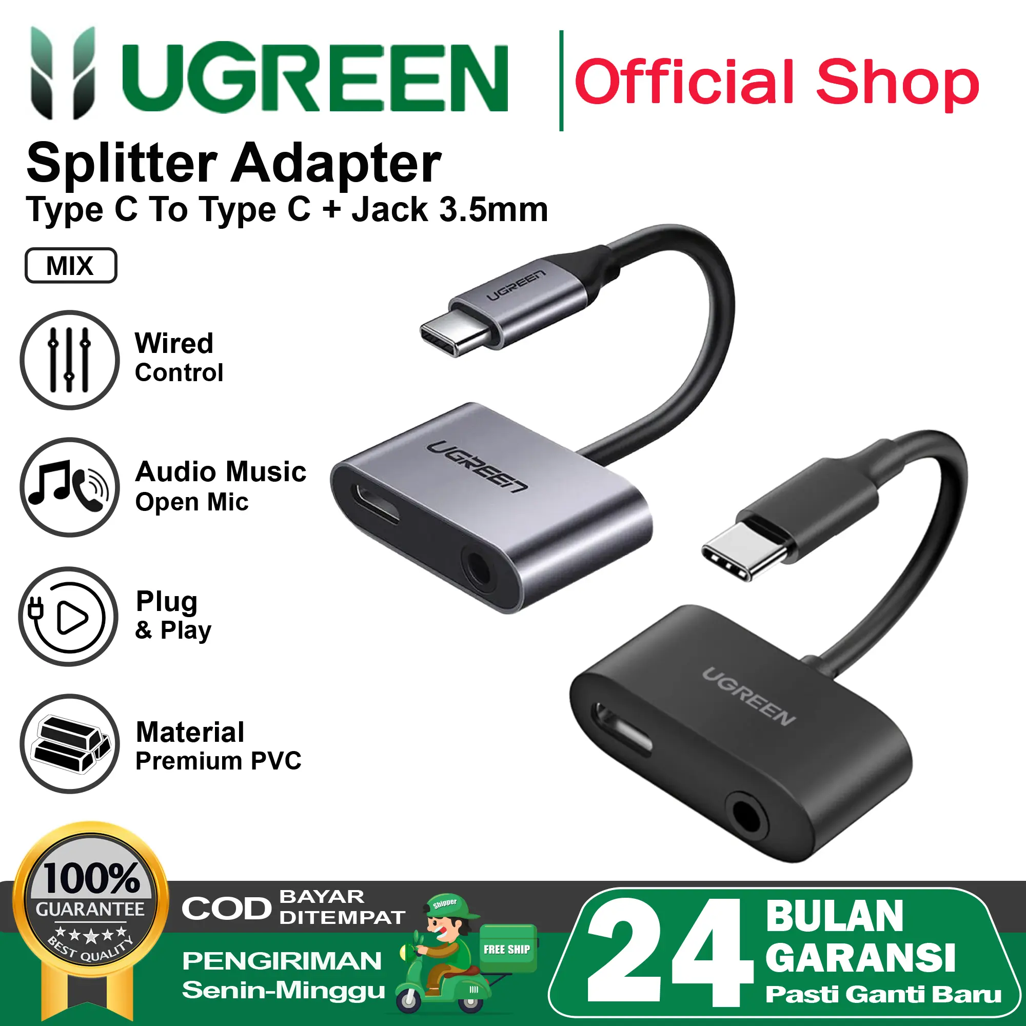 UGREEN Converter Splitter Type C To Jack 3.5mm Charging, Audio Music + Open Mic Call charger